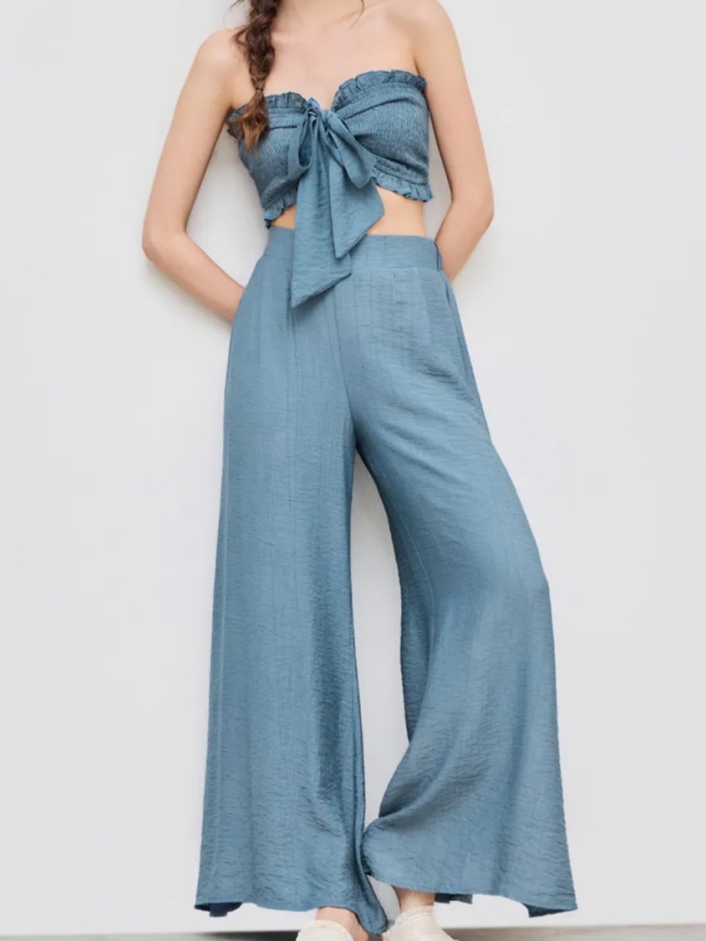 Shirred knot crop tube top and Wide-Leg Cotton Blend Pants set